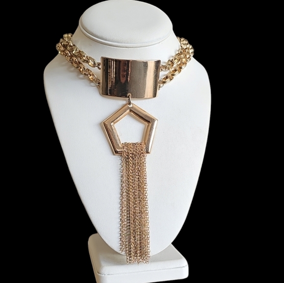 Gold Tone Double Cranky Fringe Choker Bondage Necklace - Picture 3 of 10